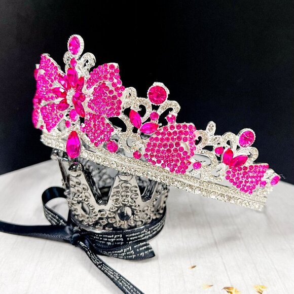 Gold Crystal Crown, Princess Tiara, Hot Pink Gemstone Crown, Quinceanera Crown - Picture 2 of 10
